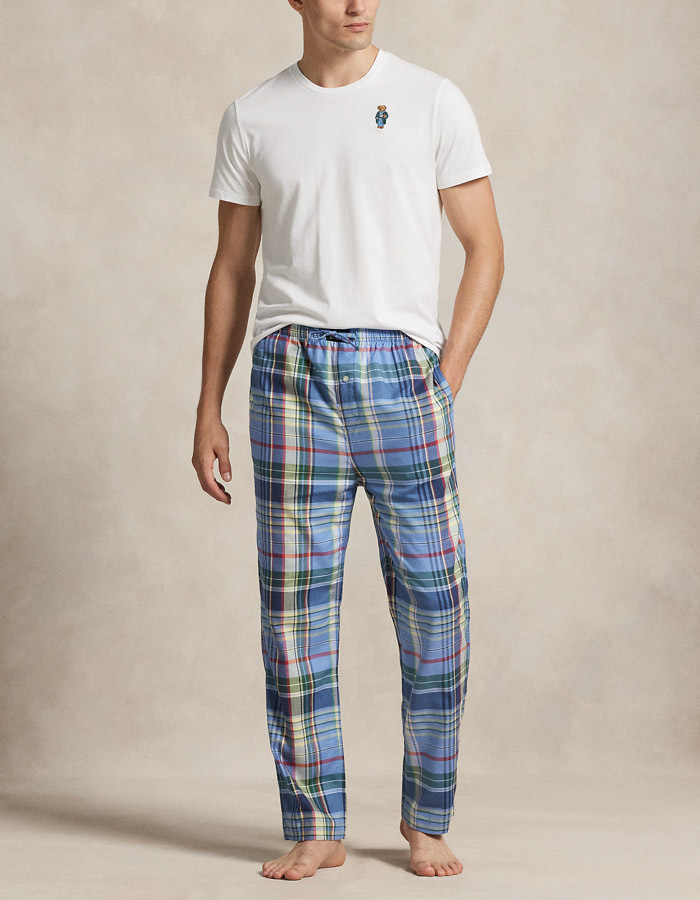 Polo Bear & Plaid Cotton Sleep Set – White/Blue Plaid 