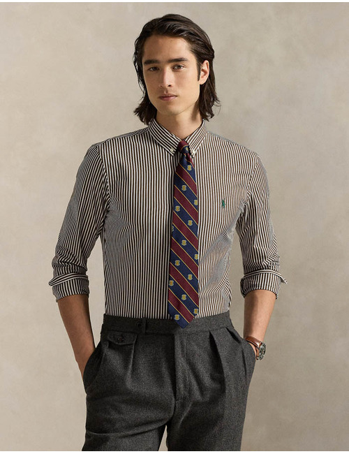 Custom Fit Striped Stretch Poplin Shirt in Copper Brown/White – Gestreept hemd in Katoenstretch