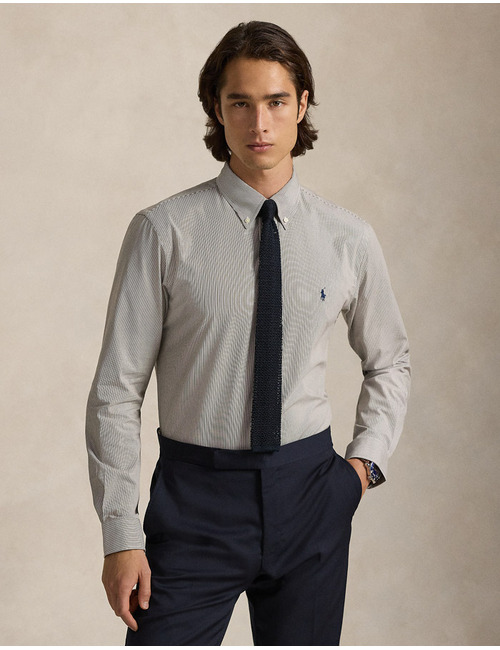 Custom Fit Striped Stretch Poplin Shirt in Chocolate Brown/White – Gestreept Overhemd met Stretch