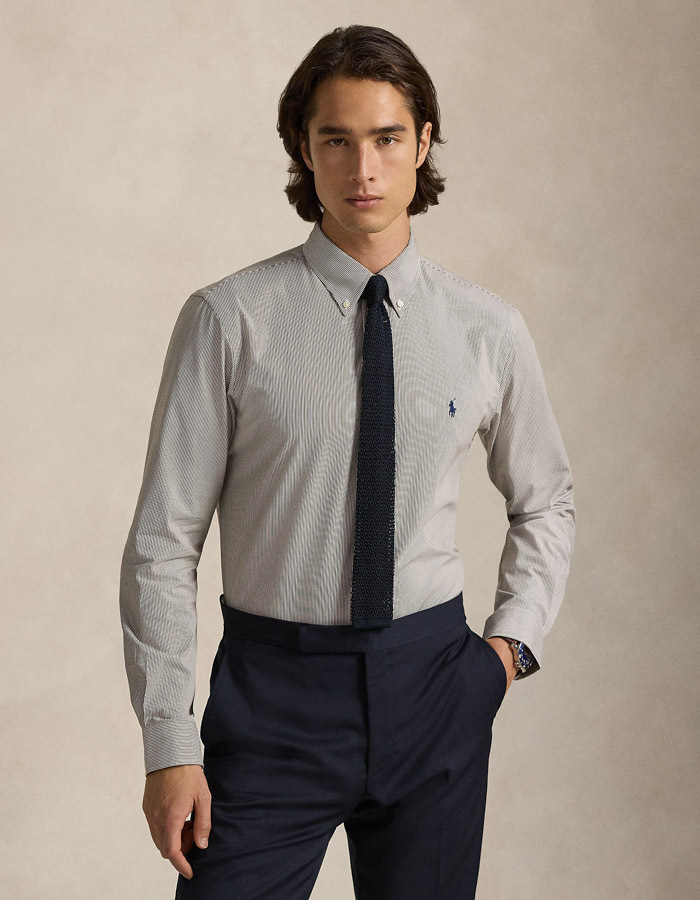 Custom Fit Striped Stretch Poplin Shirt in Chocolate Brown/White – Gestreept Overhemd met Stretch