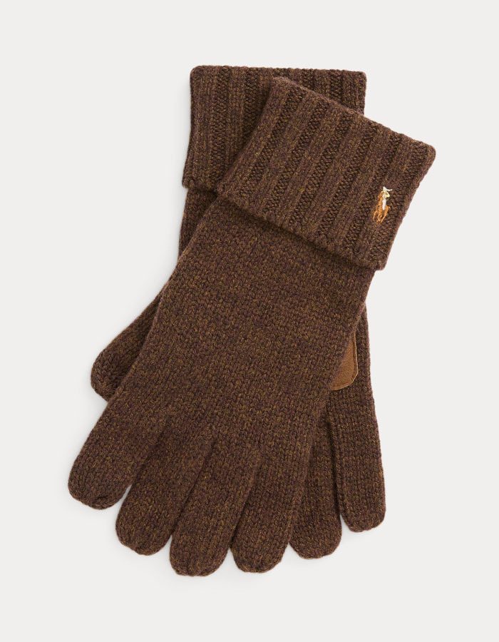 Merino Wool Touch Screen Gloves in Dark Beech – Herenhandschoenen met Leren Details