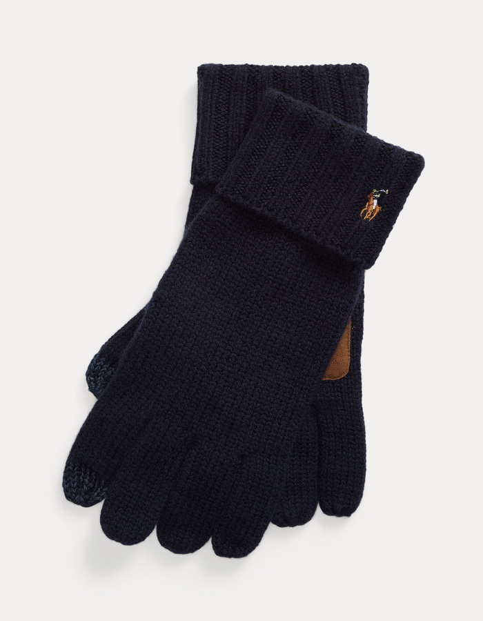 Merino Wool Touch Screen Gloves in Hunter Navy – Herenhandschoenen met Leren Details