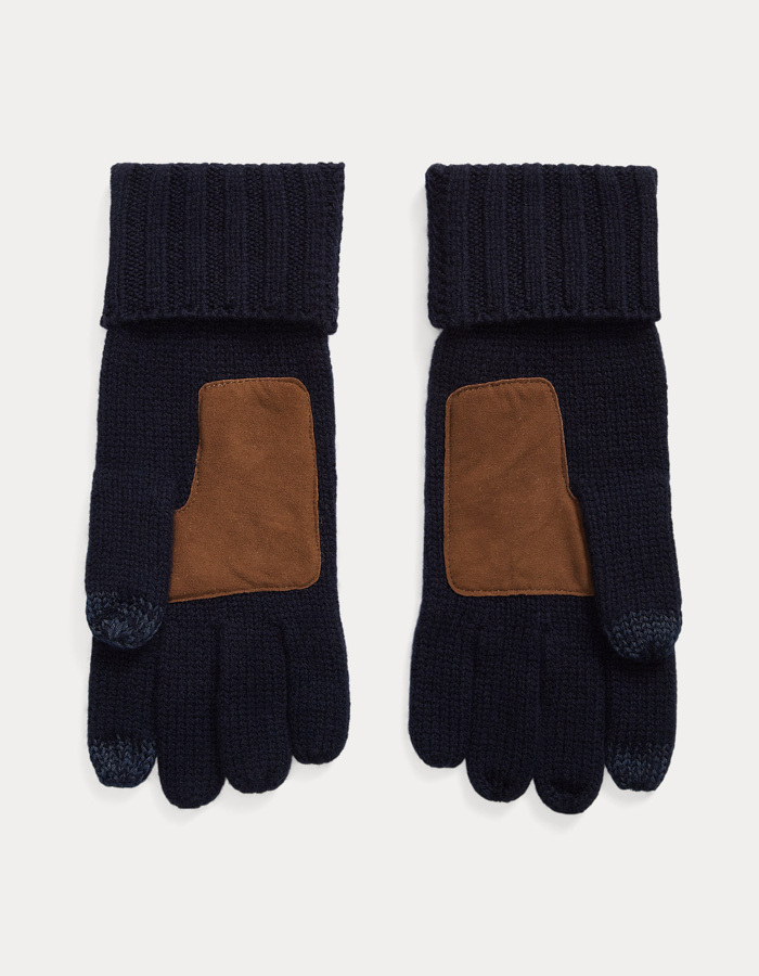 Merino Wool Touch Screen Gloves in Hunter Navy – Herenhandschoenen met Leren Details
