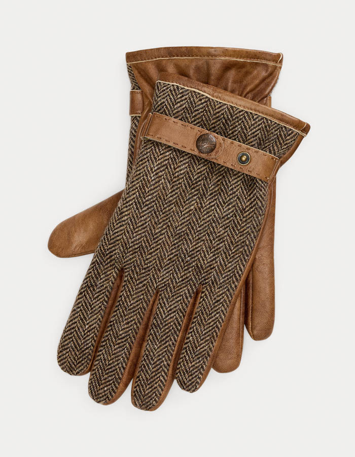 Cashmere-Lined Wool & Sheepskin Gloves in Brown Herringbone – Luxe Winterhandschoenen
