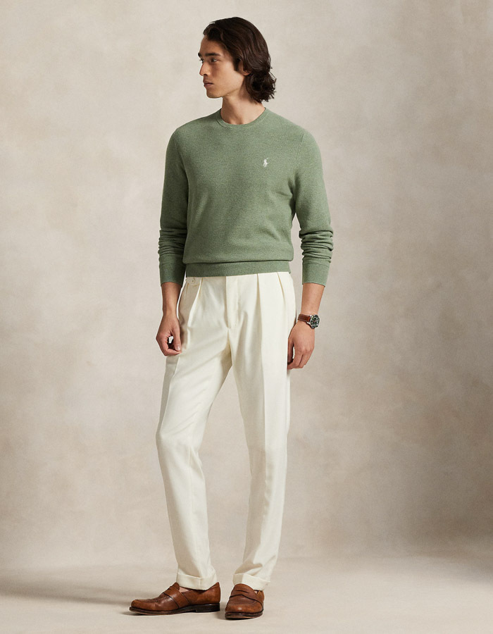 Mesh-Knit Cotton Crewneck Sweater in Fern Green Heather