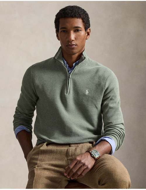 Mesh-Knit Cotton Quarter-Zip Sweater in Fern Green Heather 