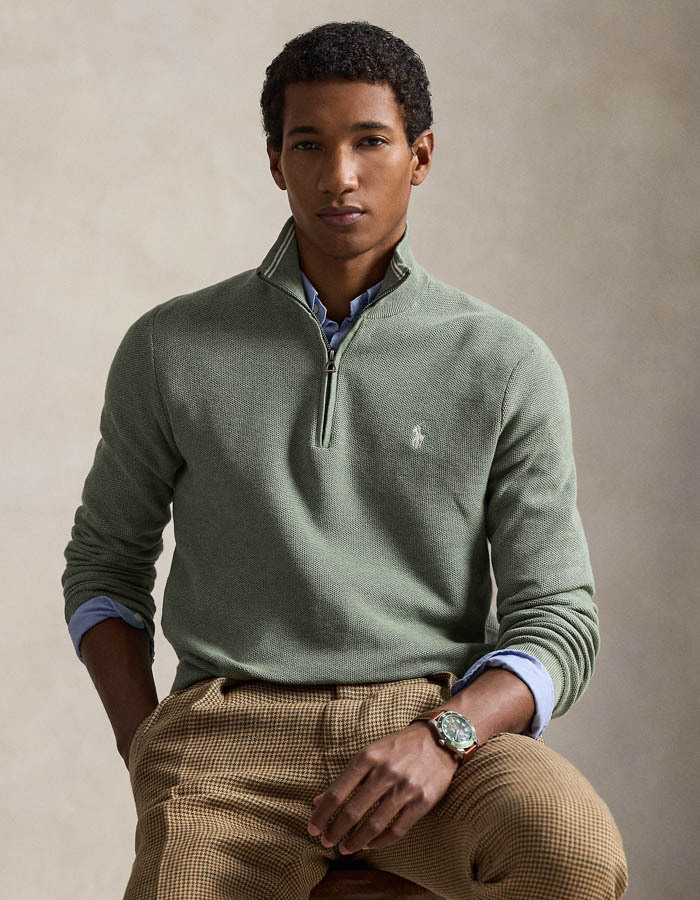 Mesh-Knit Cotton Quarter-Zip Sweater in Fern Green Heather 