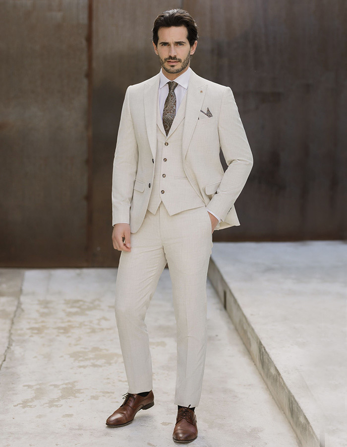 Vierdelig Kostuum in Zandbeige – Polyester-Viscosemix