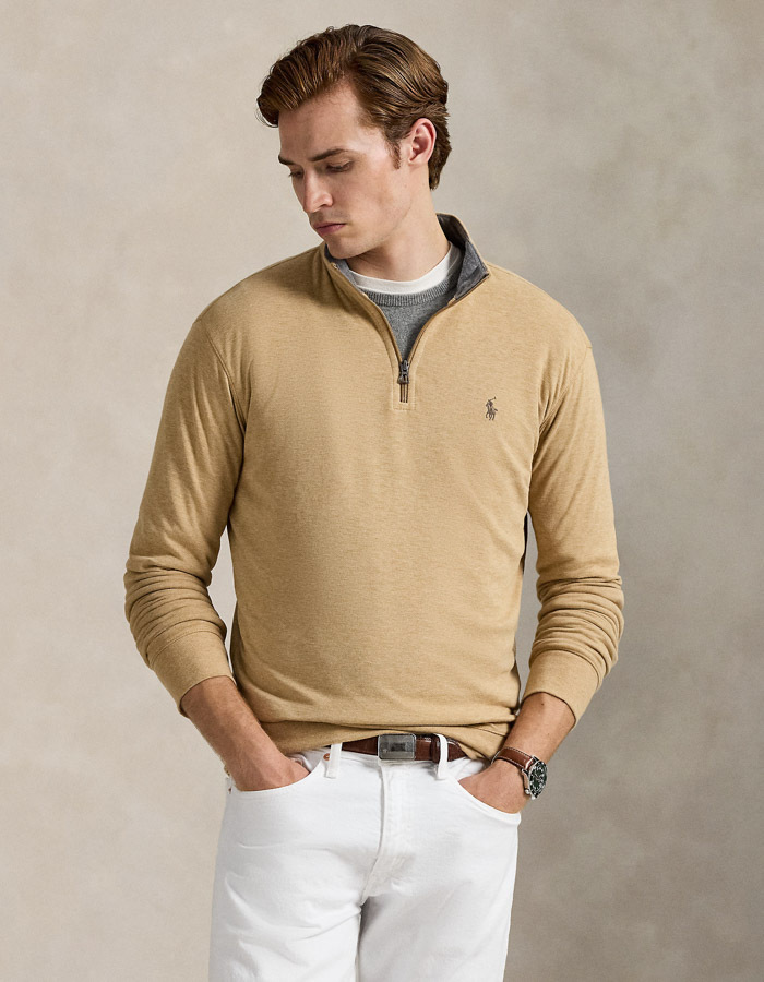 Luxury Jersey Quarter-Zip Pullover in Classic Camel Heather 