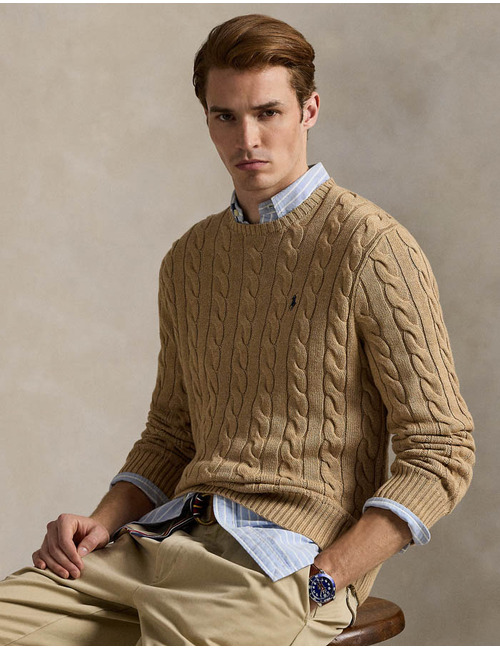 Cable-Knit Cotton Sweater in Camel Melange