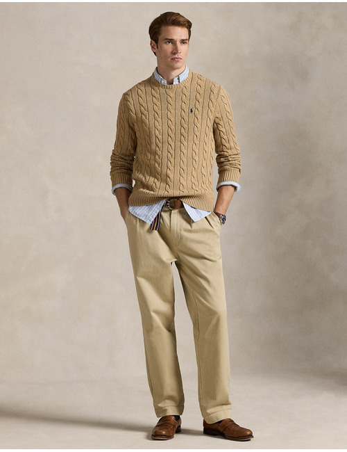 Cable-Knit Cotton Sweater in Camel Melange