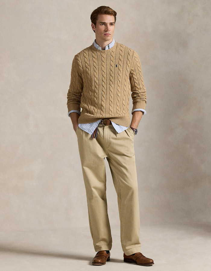 Cable-Knit Cotton Sweater in Camel Melange