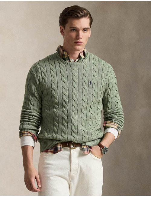 Cable-Knit Cotton Sweater in Fern Green Heather