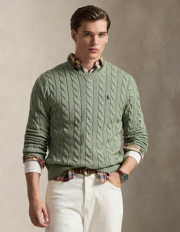 Cable-Knit Cotton Sweater in Fern Green Heather