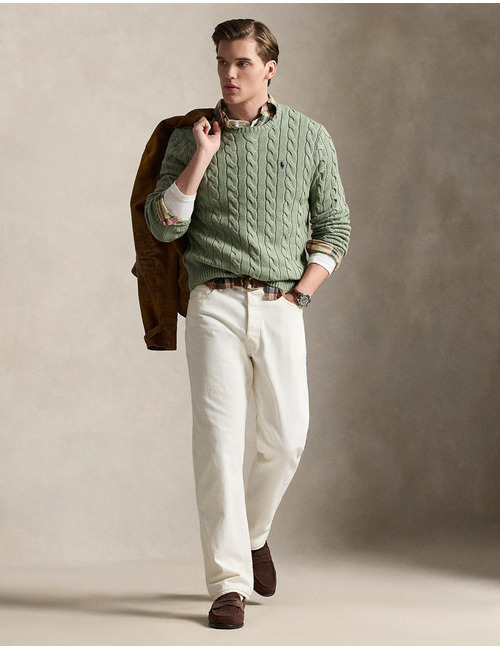 Cable-Knit Cotton Sweater in Fern Green Heather