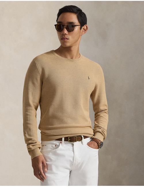 Mesh-Knit Cotton Crewneck Sweater in Camel Melange 