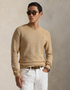 Mesh-Knit Cotton Crewneck Sweater in Camel Melange 