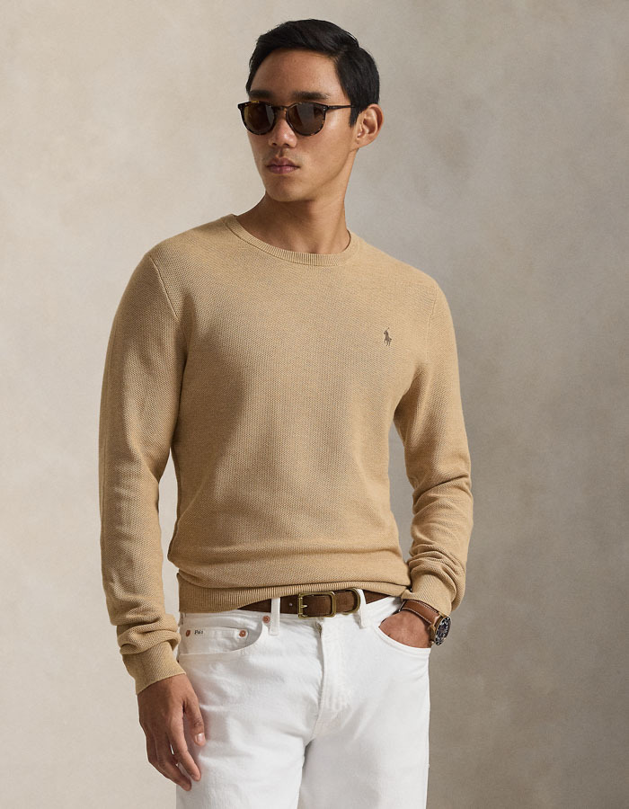 Mesh-Knit Cotton Crewneck Sweater in Camel Melange 