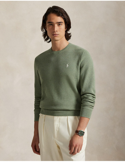 Mesh-Knit Cotton Crewneck Sweater in Fern Green Heather