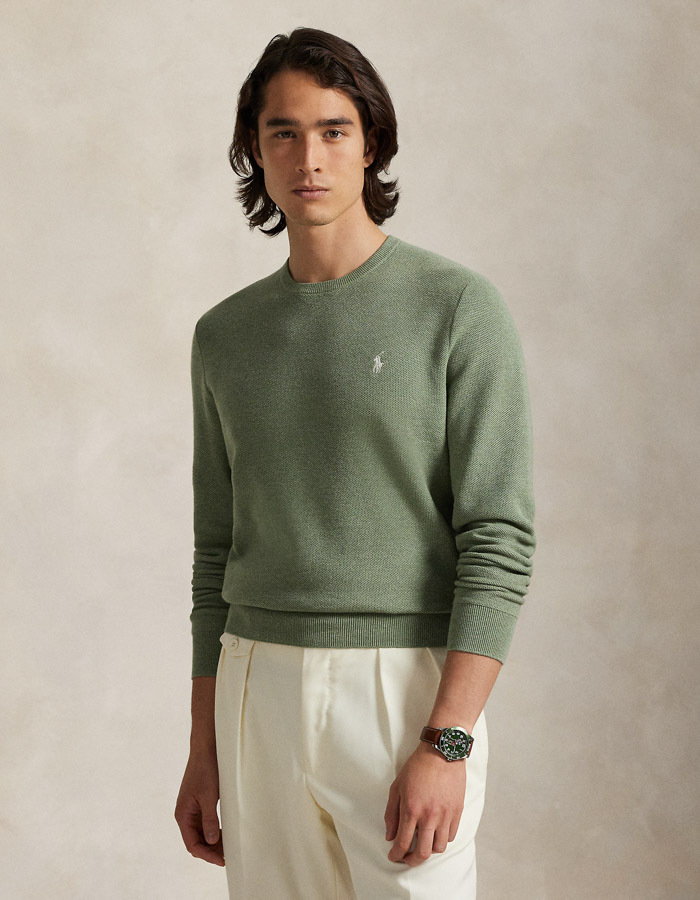 Mesh-Knit Cotton Crewneck Sweater in Fern Green Heather