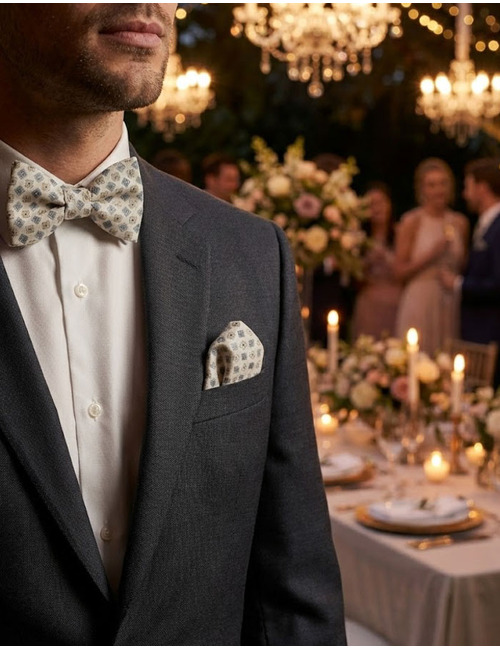 Strik- en Pochetset in Beige met Blauw Geometrisch Dessin