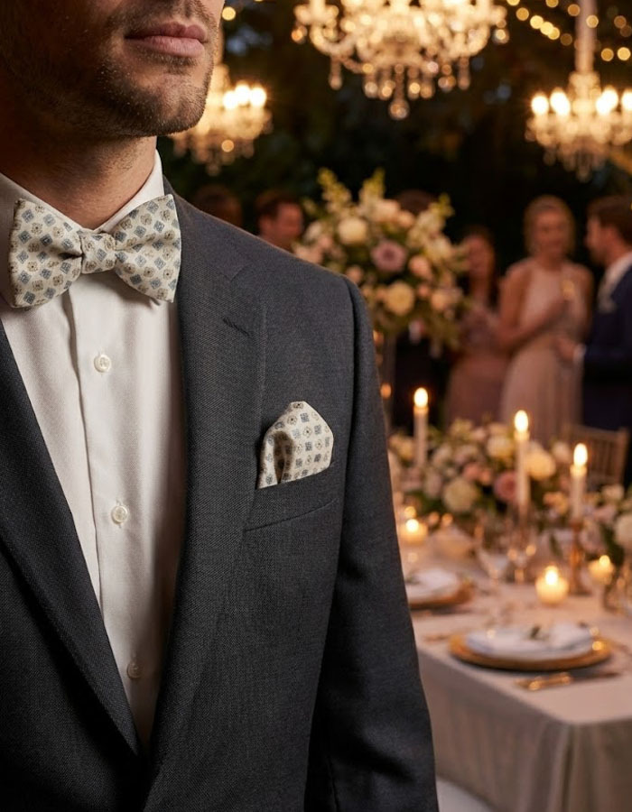 Strik- en Pochetset in Beige met Blauw Geometrisch Dessin