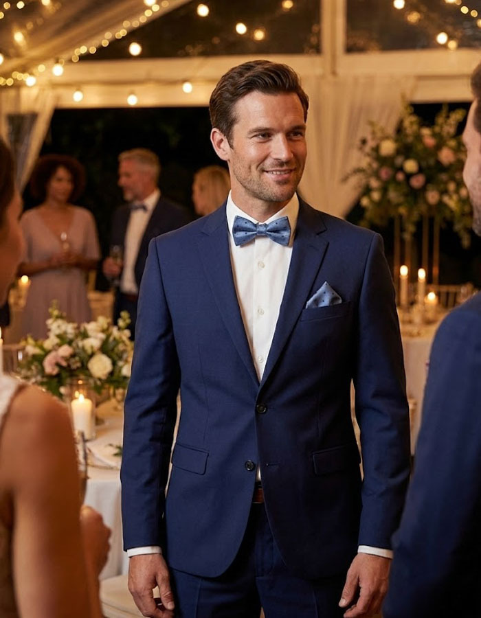 Strik- en Pochetset in Lichtblauw met Subtiel Geborduurde Dots