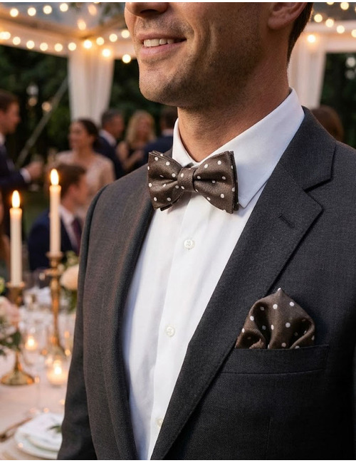 Strik- en Pochetset in Bruin met Witte Dots