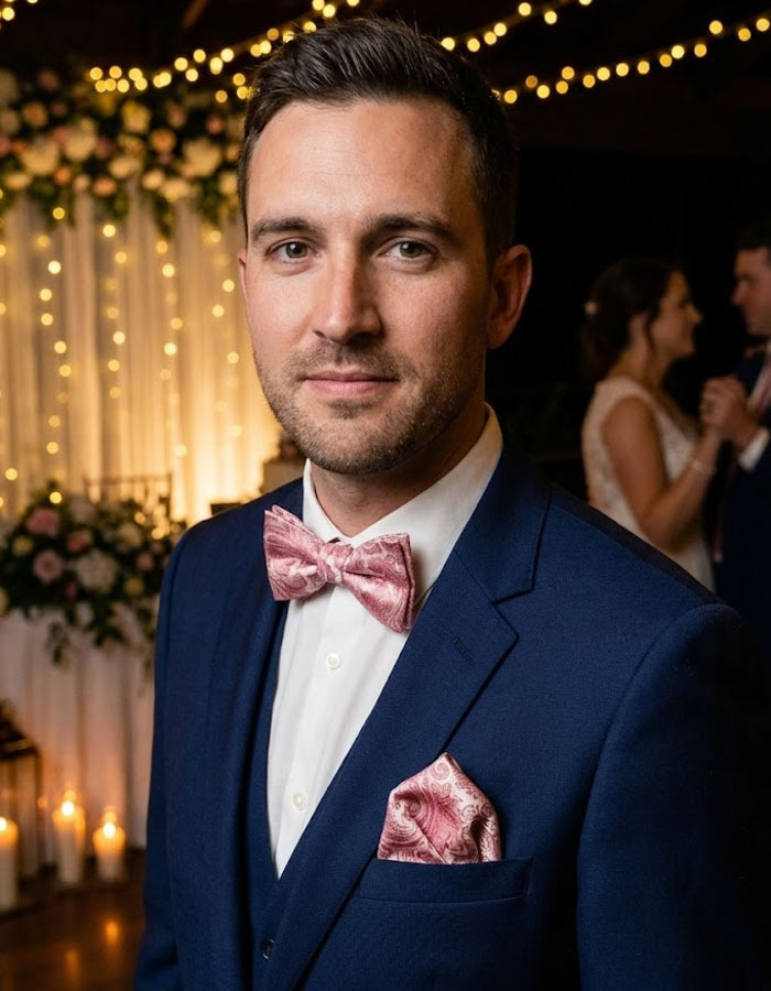 Strik- en Pochetset in Oudroze Paisleydessin