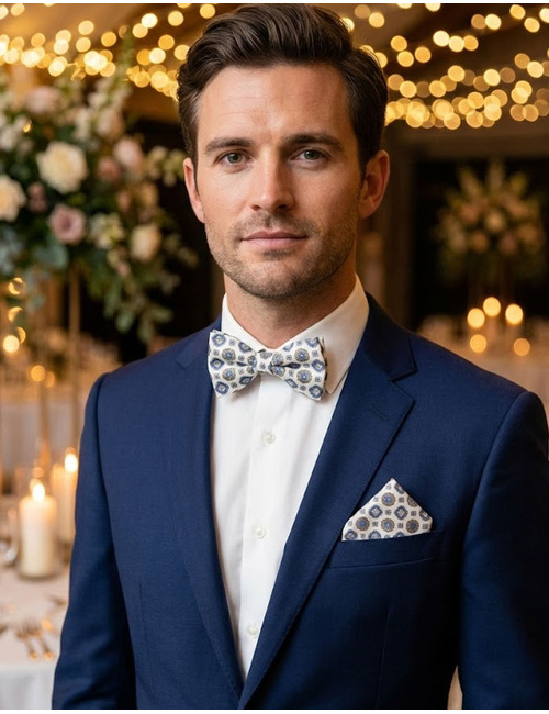 Strik- en Pochetset in Wit met Blauw en Goud Medaillonmotief