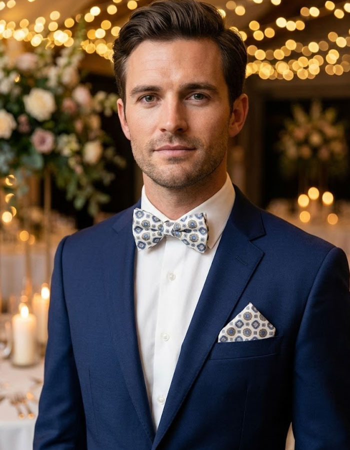 Strik- en Pochetset in Wit met Blauw en Goud Medaillonmotief