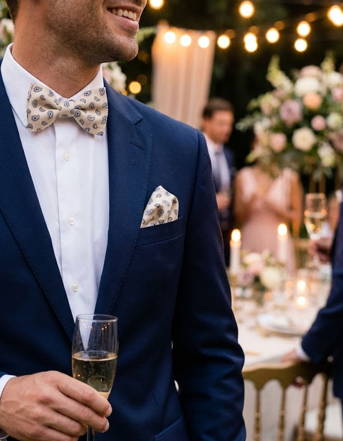 Strik- en Pochetset in Beige met Paisleydessin