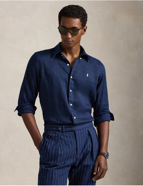 Custom Fit Linen Shirt in Newport Navy with White Polo Pony