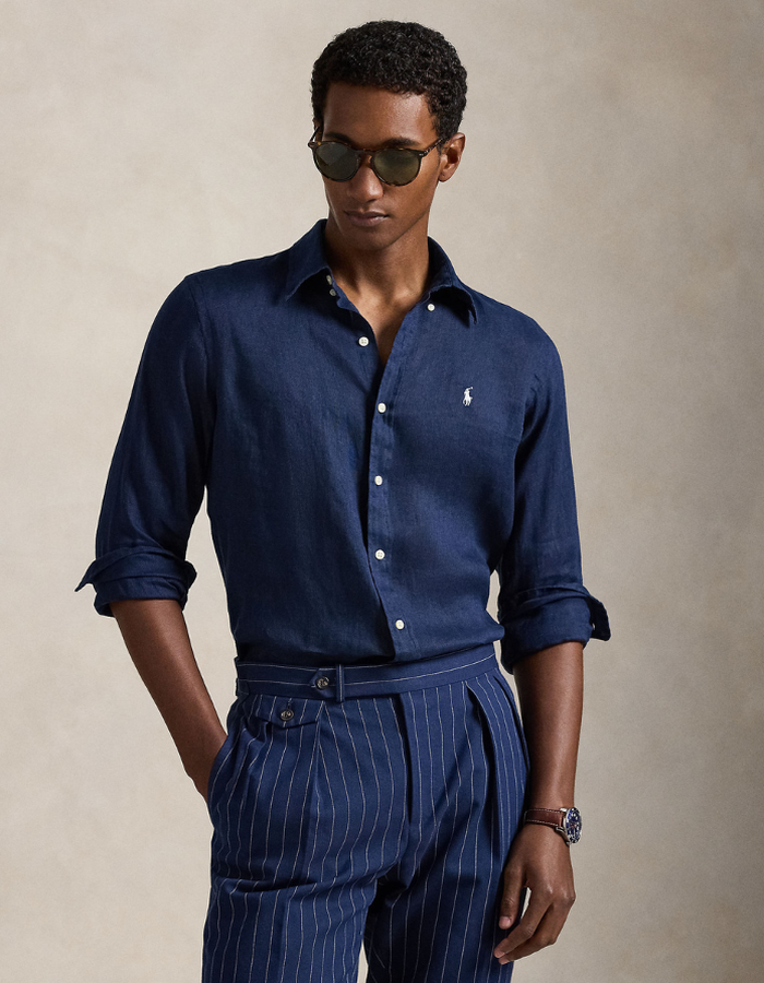 Custom Fit Linen Shirt in Newport Navy with White Polo Pony