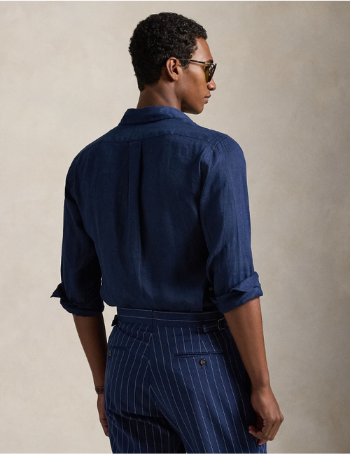 Custom Fit Linen Shirt in Newport Navy with White Polo Pony