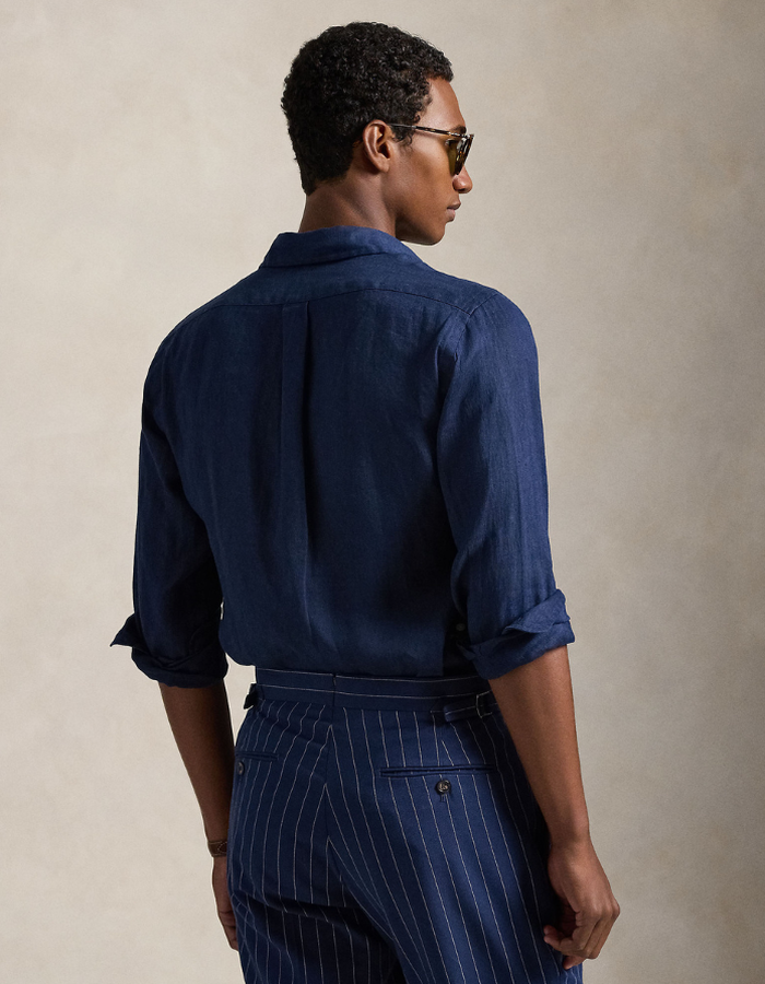 Custom Fit Linen Shirt in Newport Navy with White Polo Pony