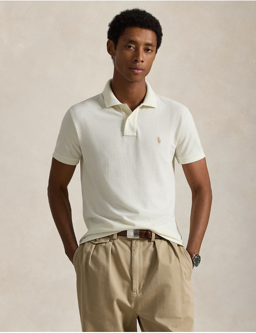 Slim Fit Mesh Polo Shirt in Parchment Cream