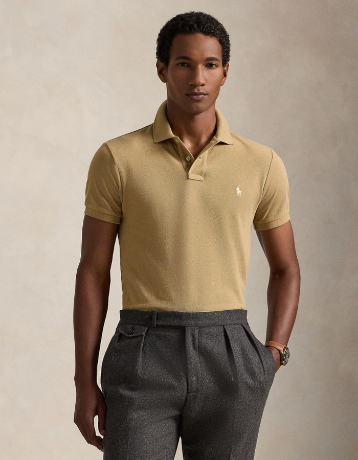 Slim Fit Mesh Polo Shirt in Cafe Tan