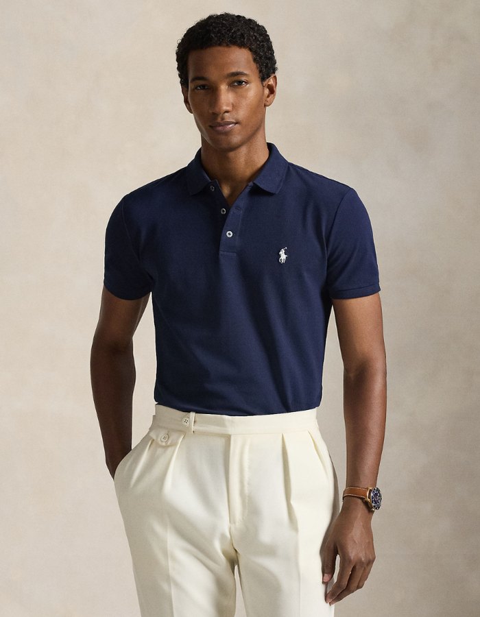 Custom Slim Fit Stretch Mesh Polo Shirt in Refined Navy Smoke