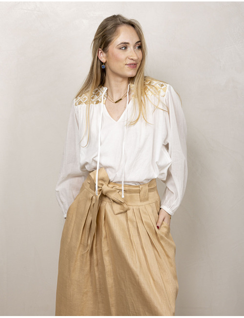 Greek Archaic Kori lange mouw bloes goud