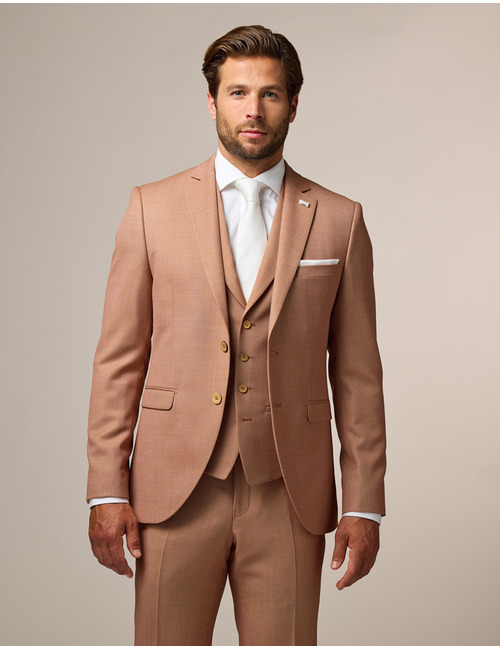 Modern fit driedelig kostuum in luxe Super 120 wol zandroze