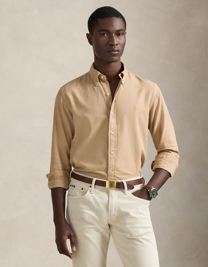 custom fit textured dobby shirt in surrey tan