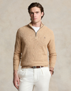 mesh knit cotton quarter zip sweater in camel melange