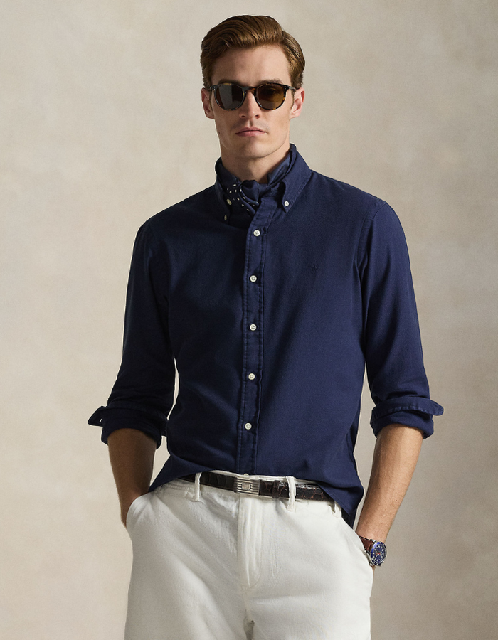 custom fit textured dobby shirt in cruise navy