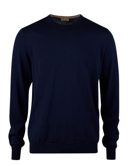 Luxe Baruffa-merinowollen crewneck in navy met elbow patches