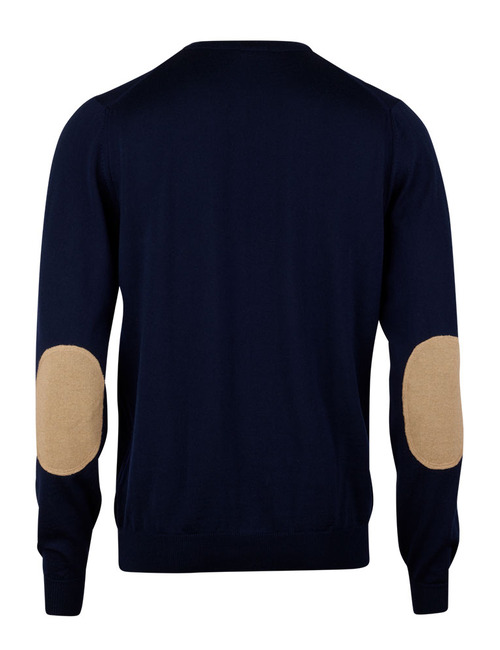 Luxe Baruffa-merinowollen crewneck in navy met elbow patches