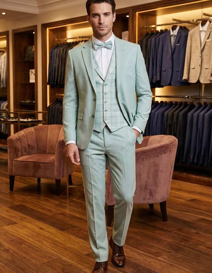 Modern fit driedelig kostuum in luxe wol mintkleur