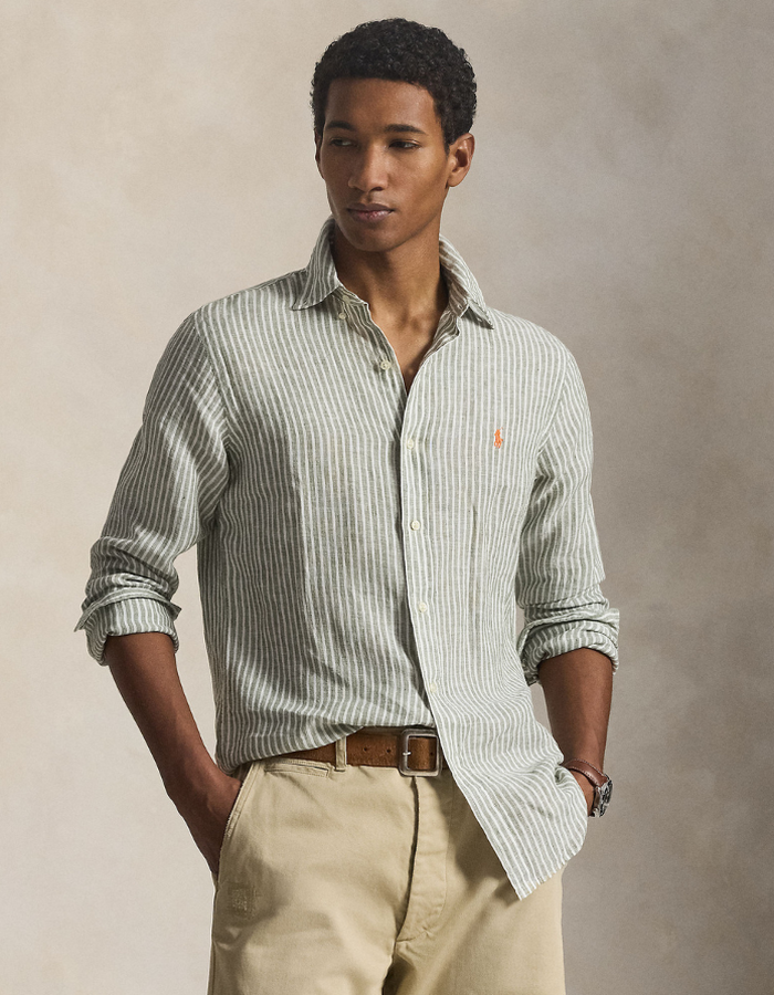 custom fit striped linen shirt in garden trail white