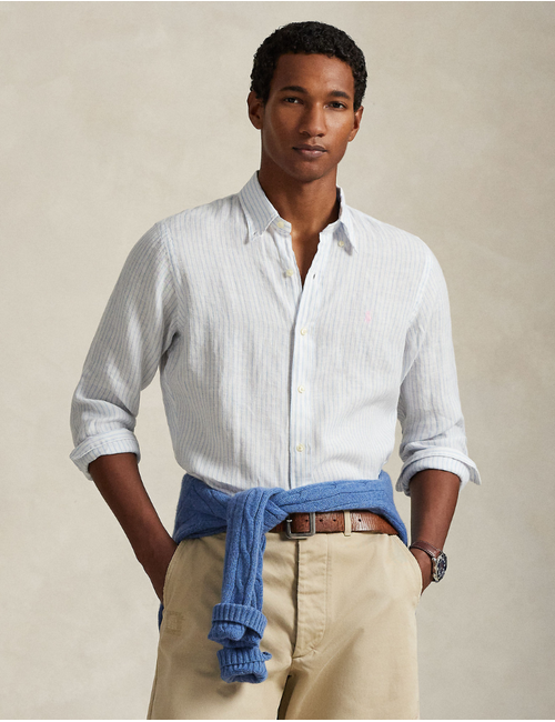 custom fit striped linen shirt in white blue