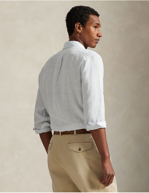 custom fit striped linen shirt in white blue
